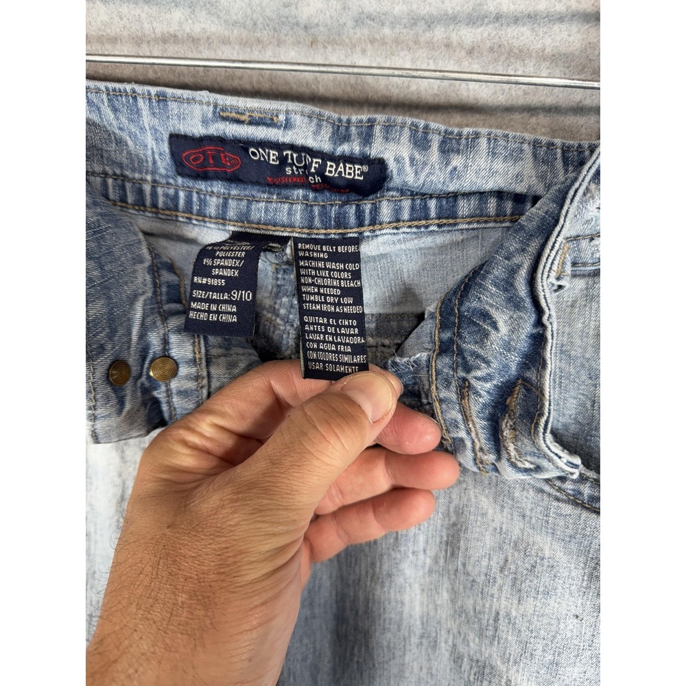 One Tuff Babe Jeans Womens 9/10 Blue Stretch Flare Denim Light Wash Distressed - Picture 12 of 15